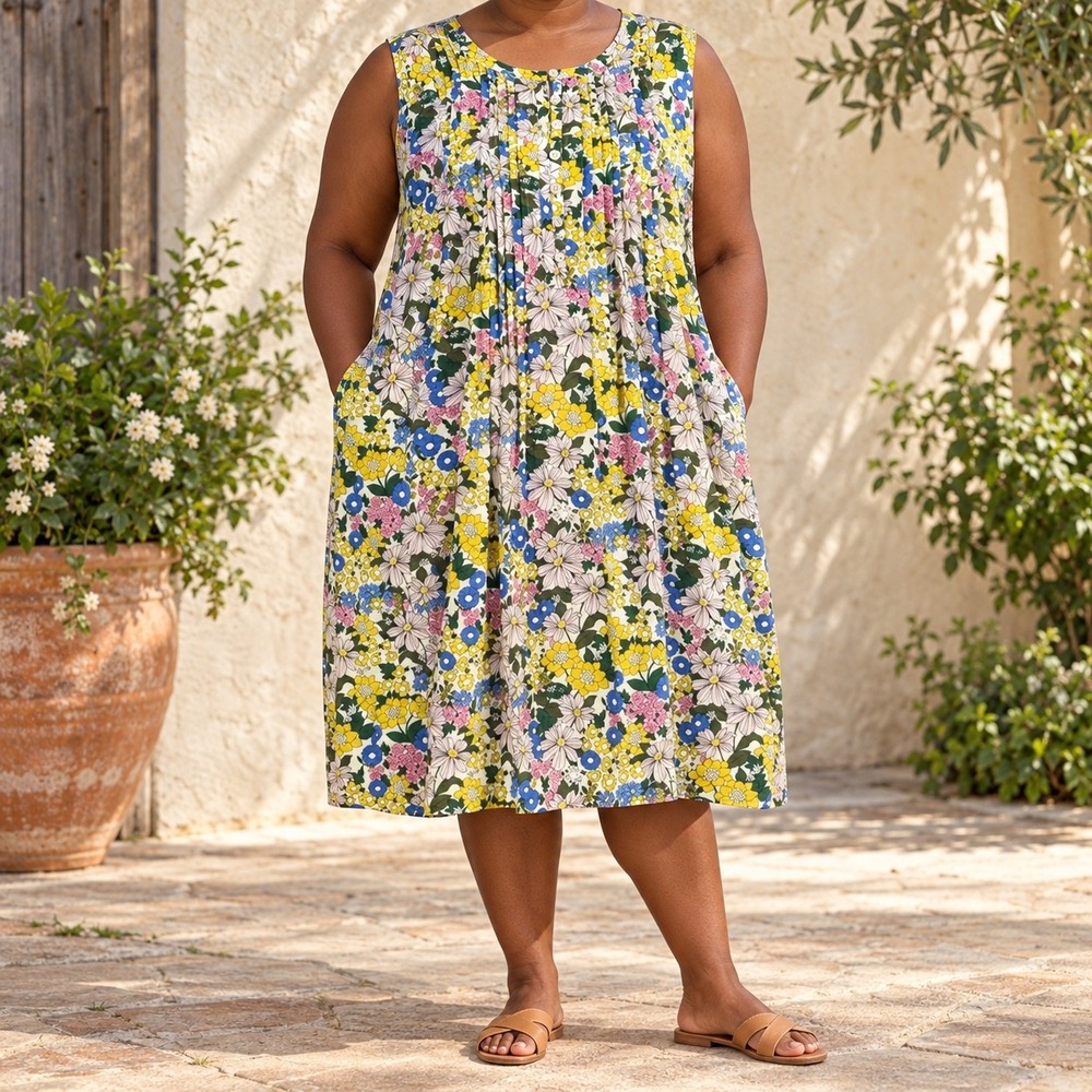Sonoma Goods For Life Womens 3X Multicolor Floral Rayon Linen Midi Dress Pockets